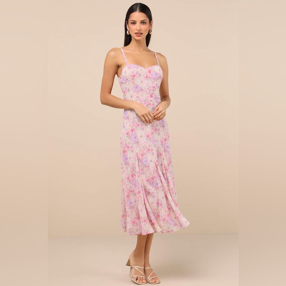 Lulu's Pastel Pink & Lavender Floral Spaghetti-Strap Midi Dress